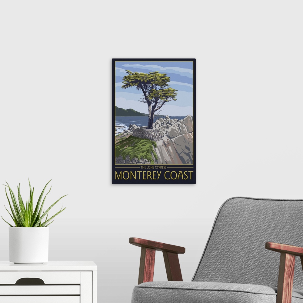 A modern room featuring Monterey Coast, CA - Cypress Tree: Retro Travel Poster