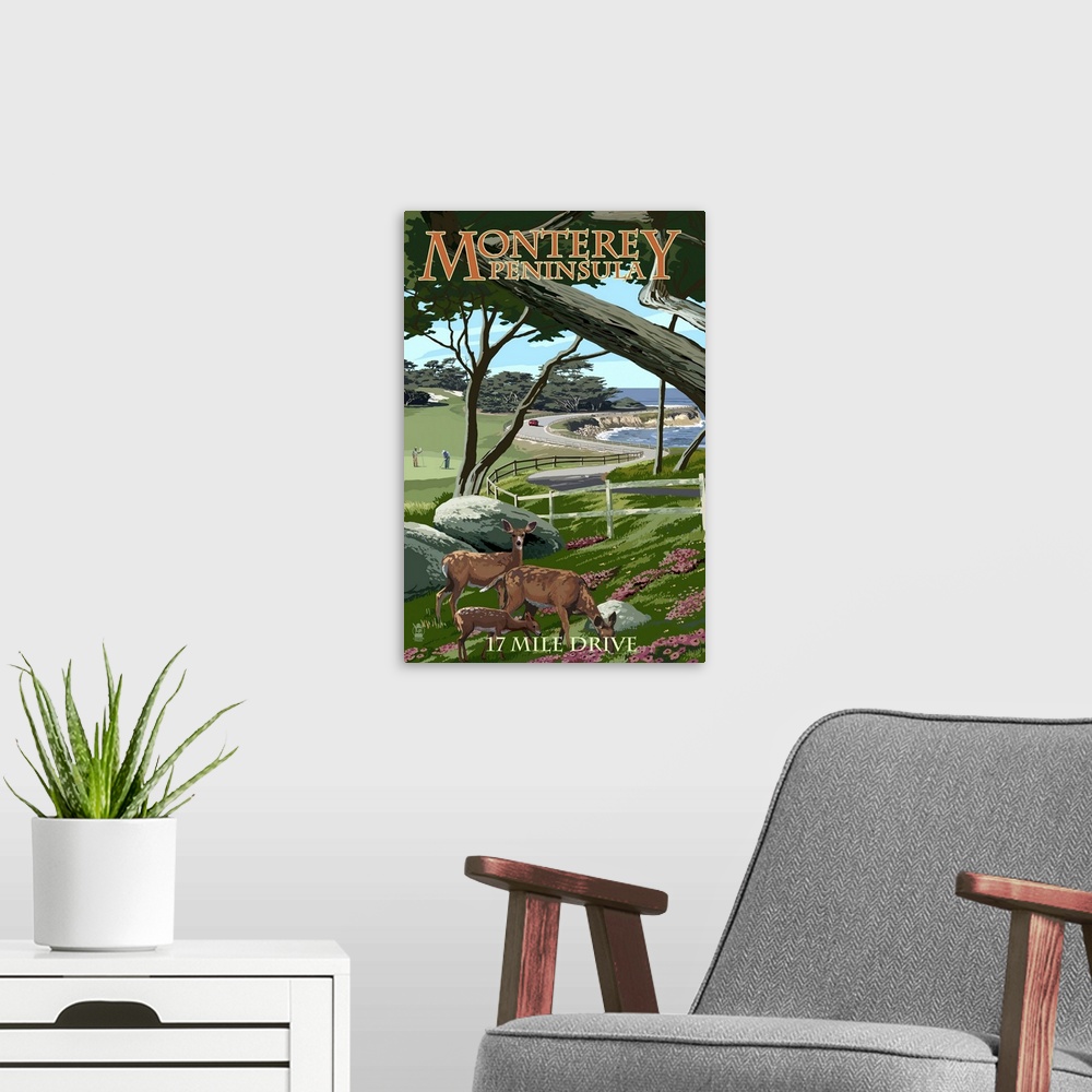 A modern room featuring Monterey Peninsula, California - 17 Mile Drive: Retro Travel Poster