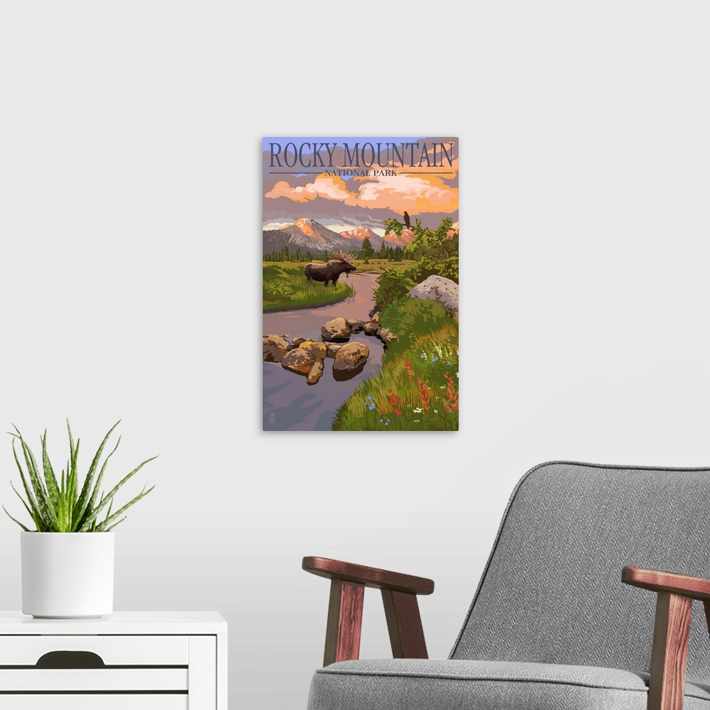 A modern room featuring Retro stylized art poster of a moose drinking from a rocky stream in afternoon light.