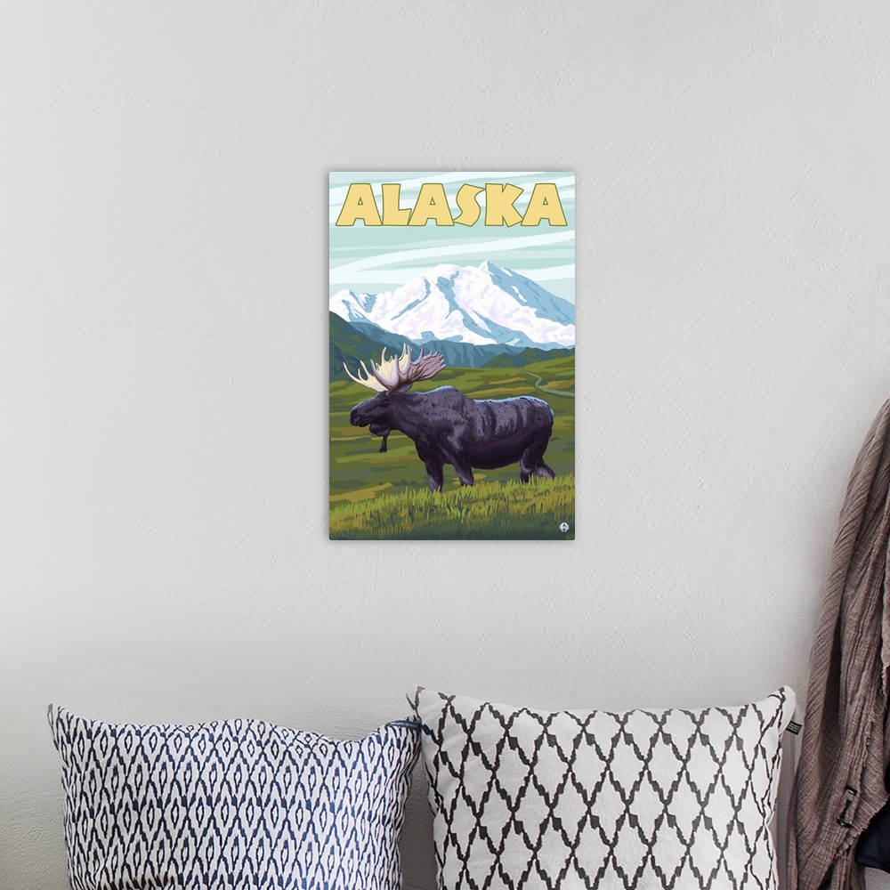 A bohemian room featuring Moose and Mountain - Alaska: Retro Travel Poster
