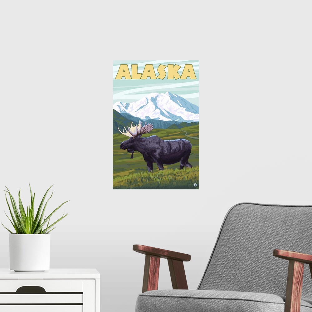 A modern room featuring Moose and Mountain - Alaska: Retro Travel Poster