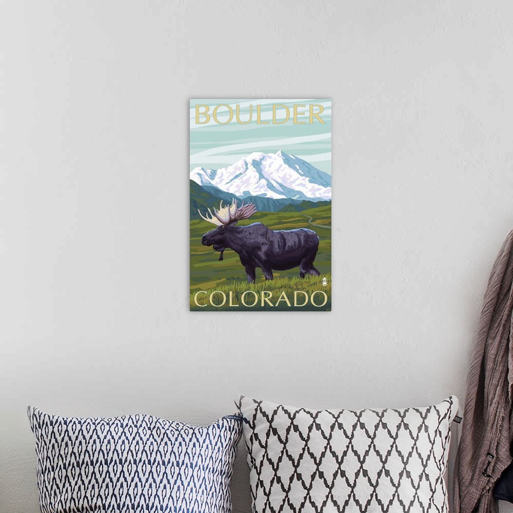 A bohemian room featuring Moose and Mountain - Boulder, Colorado: Retro Travel Poster