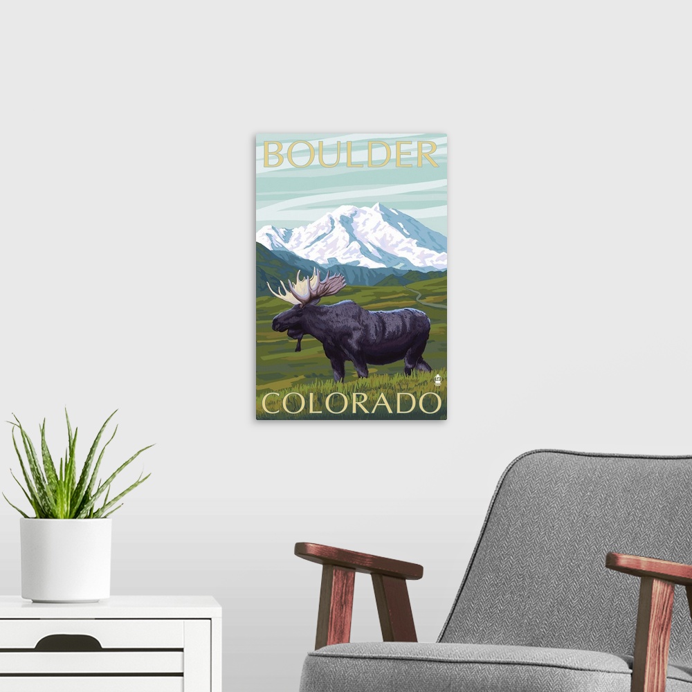 A modern room featuring Moose and Mountain - Boulder, Colorado: Retro Travel Poster