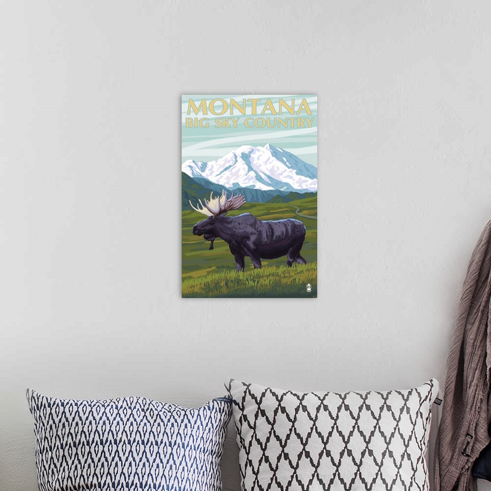 A bohemian room featuring Moose and Mountain - Montana Big Sky Country: Retro Travel Poster