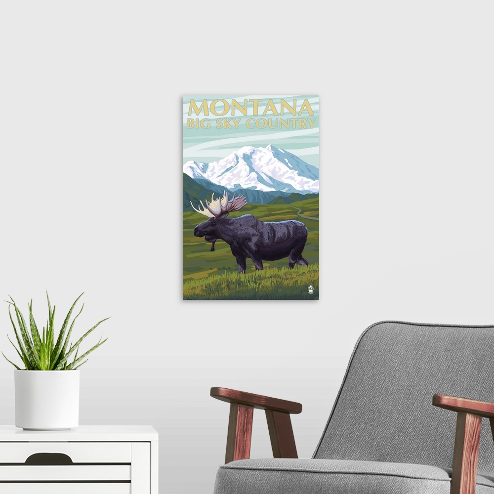 A modern room featuring Moose and Mountain - Montana Big Sky Country: Retro Travel Poster