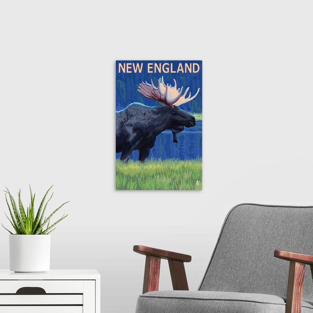A modern room featuring Moose at Night in New England: Retro Travel Poster