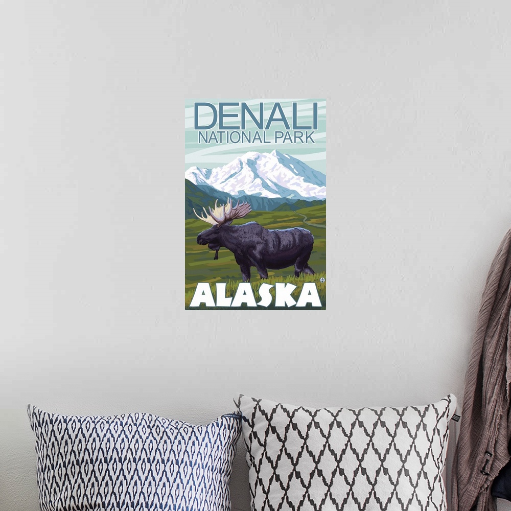 A bohemian room featuring Moose Scene - Denali National Park, Alaska: Retro Travel Poster