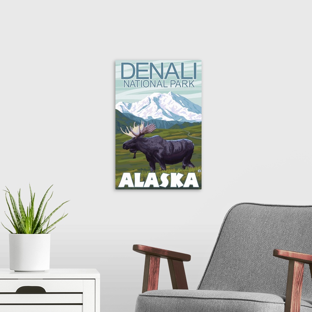 A modern room featuring Moose Scene - Denali National Park, Alaska: Retro Travel Poster