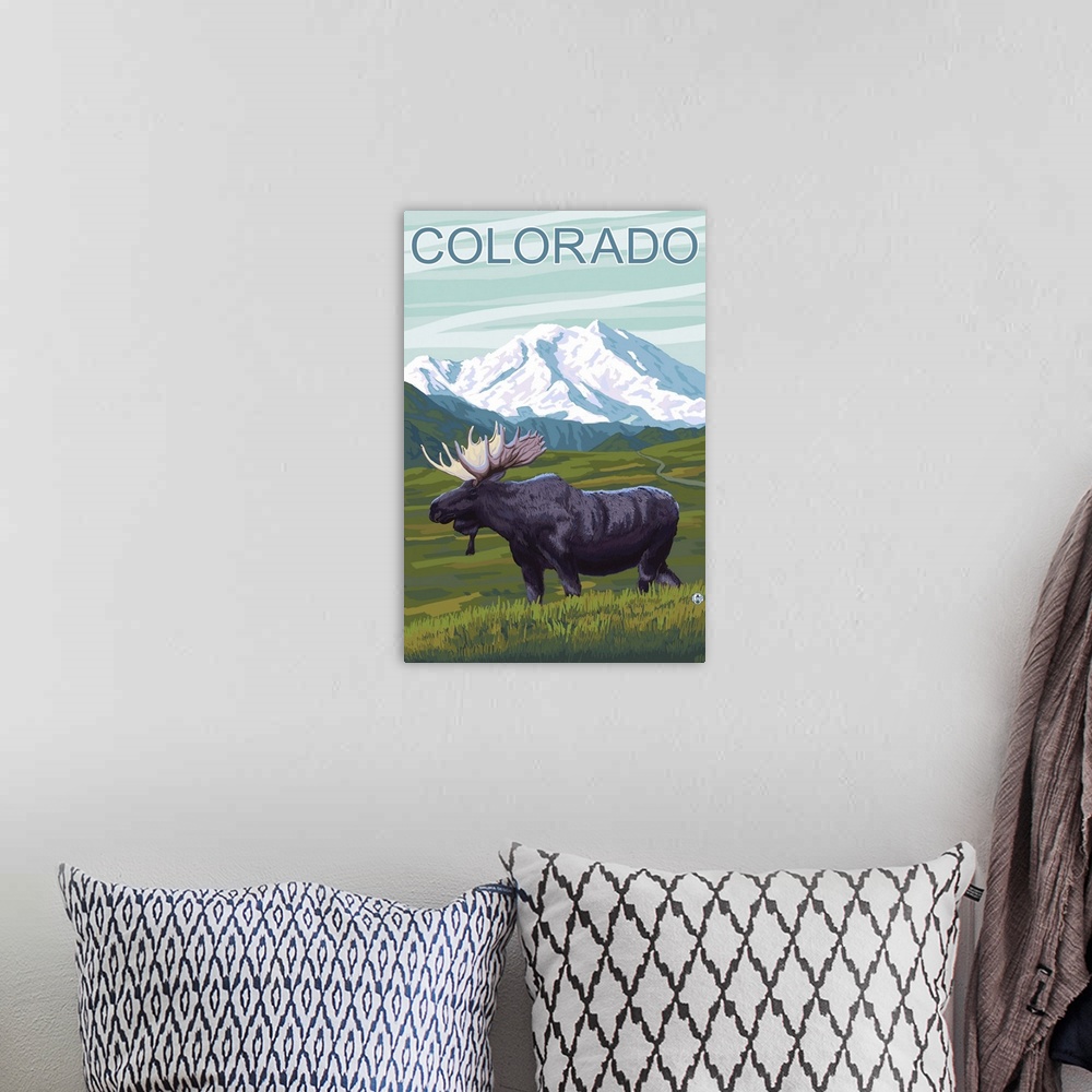 A bohemian room featuring Moose with Mountain - Colorado: Retro Travel Poster