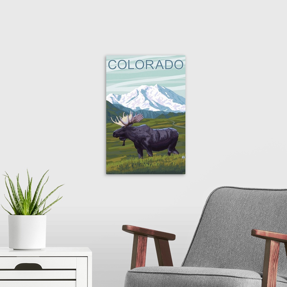 A modern room featuring Moose with Mountain - Colorado: Retro Travel Poster