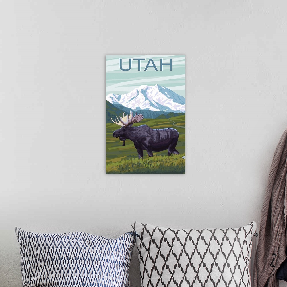 A bohemian room featuring Moose with Mountain - Utah: Retro Travel Poster