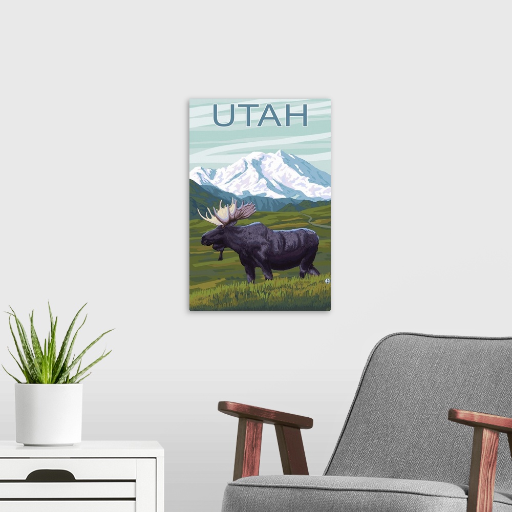 A modern room featuring Moose with Mountain - Utah: Retro Travel Poster