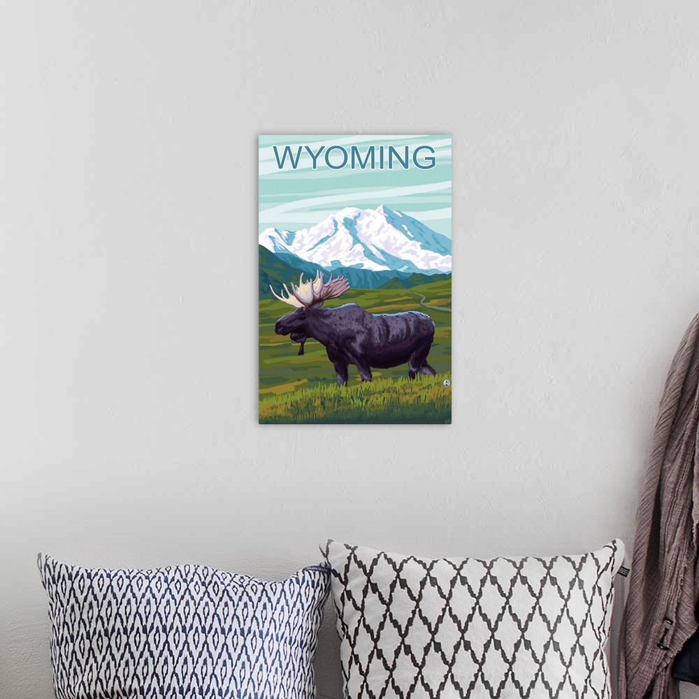 A bohemian room featuring Moose with Mountain - Wyoming: Retro Travel Poster