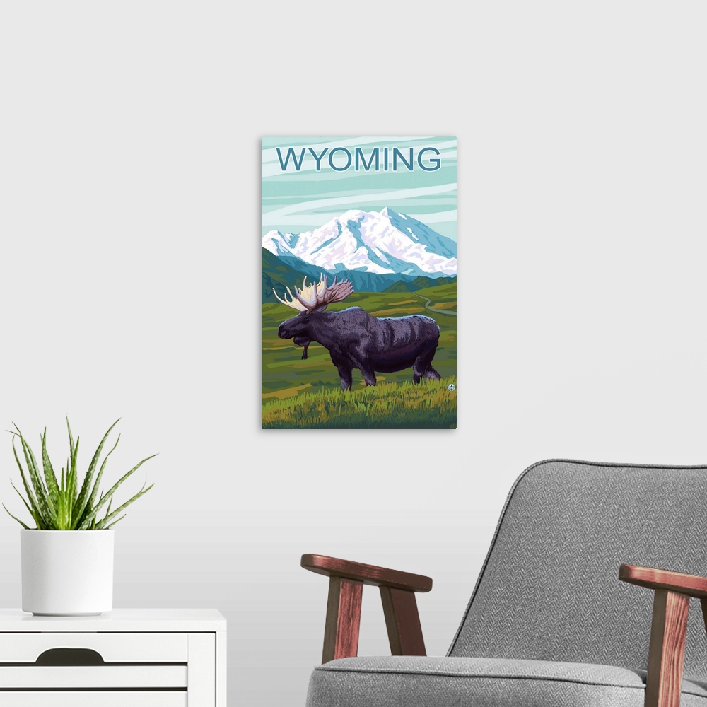 A modern room featuring Moose with Mountain - Wyoming: Retro Travel Poster
