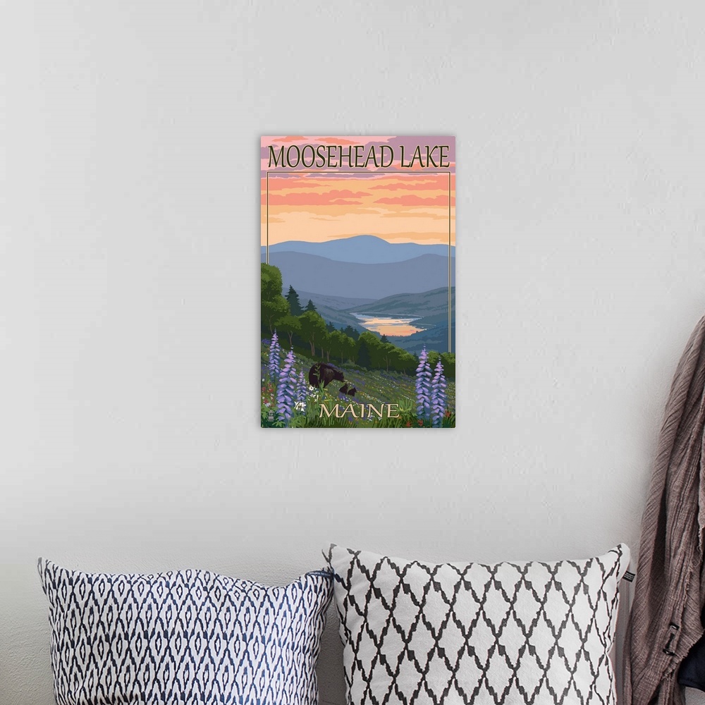 A bohemian room featuring Moosehead Lake, Maine - Bears and Spring Flowers: Retro Travel Poster