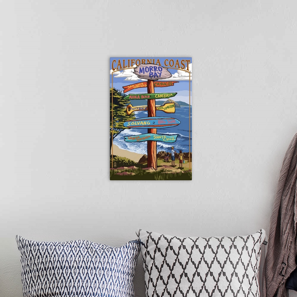 A bohemian room featuring Morro Bay, CA - Destination Signs Retro Travel Poster