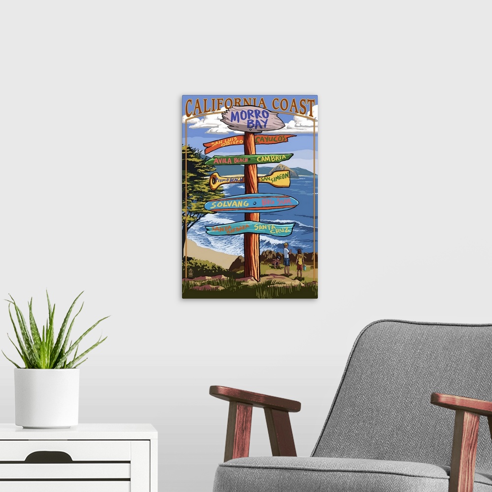 A modern room featuring Morro Bay, CA - Destination Signs Retro Travel Poster