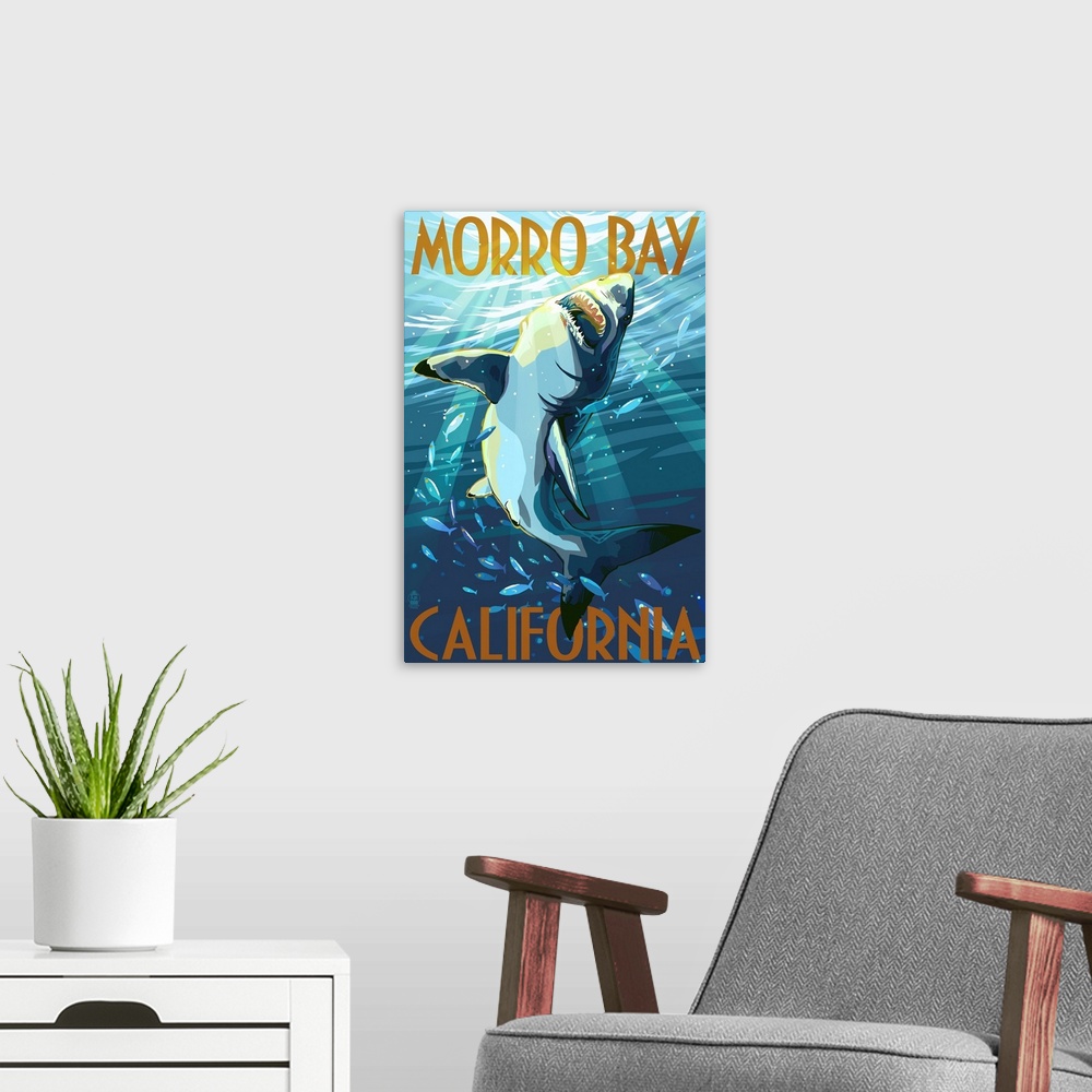 A modern room featuring Retro stylized art poster of a great white shark swimming near the surface of the ocean.