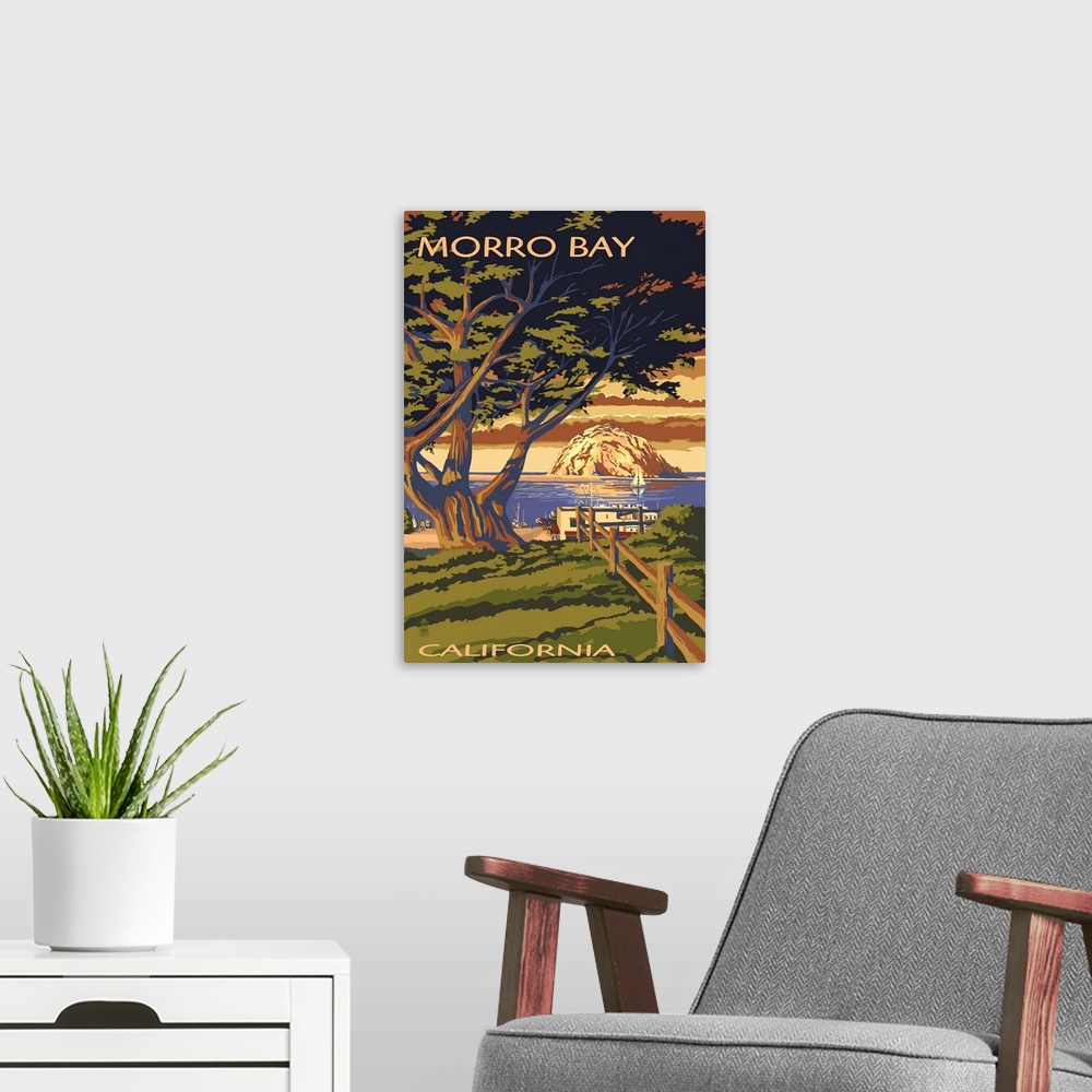 A modern room featuring Morro Bay, California Town View with Morro Rock: Retro Travel Poster