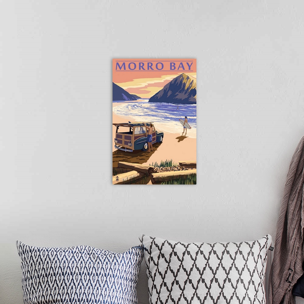 A bohemian room featuring Morro Bay, California - Woody on Beach: Retro Travel Poster