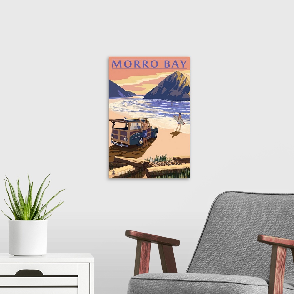 A modern room featuring Morro Bay, California - Woody on Beach: Retro Travel Poster