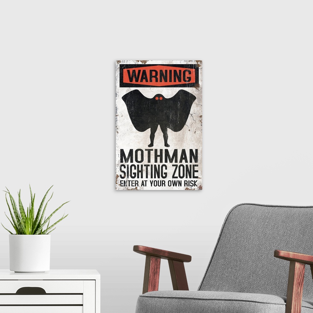 A modern room featuring Mothman Sighting Zone - Enter At Your Own Risk