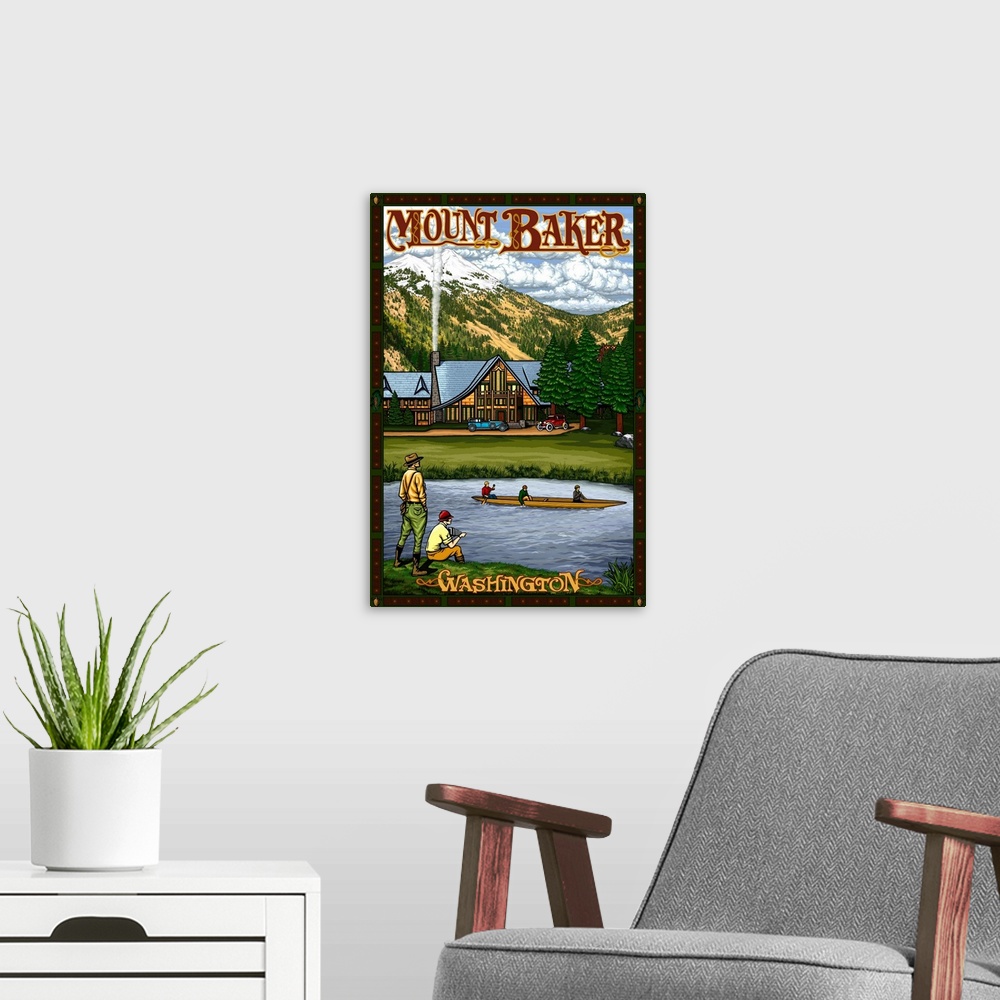 A modern room featuring Mount Baker: Retro Travel Poster
