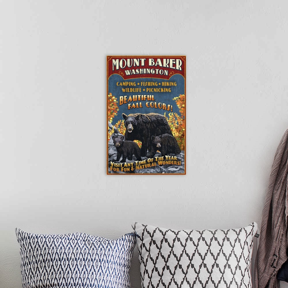 A bohemian room featuring Mount Baker, Washington - Black Bears Vintage Sign: Retro Travel Poster
