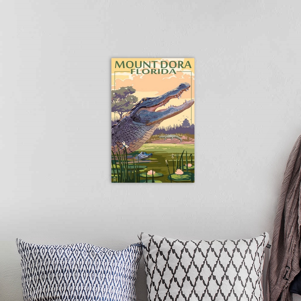 A bohemian room featuring Retro stylized art poster of a mother alligator swimming with her baby in a swamp.