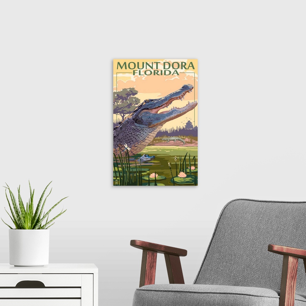 A modern room featuring Retro stylized art poster of a mother alligator swimming with her baby in a swamp.