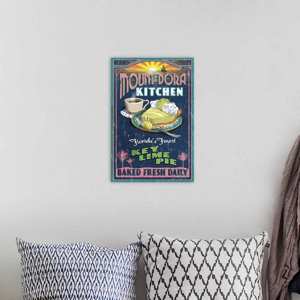 A bohemian room featuring Retro stylized art poster of a vintage sign advertising a slice of key lime pie, with a cup of co...