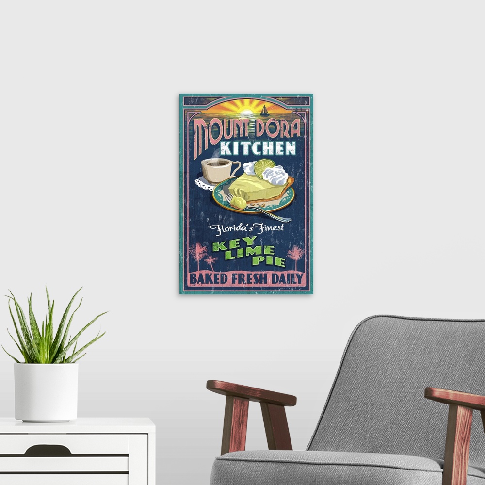 A modern room featuring Retro stylized art poster of a vintage sign advertising a slice of key lime pie, with a cup of co...
