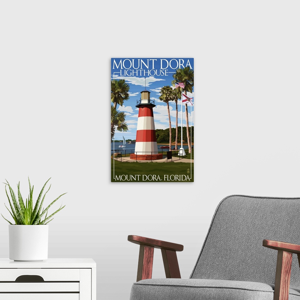 A modern room featuring Retro stylized art poster of a striped lighthouse surrounded by tall palm trees.