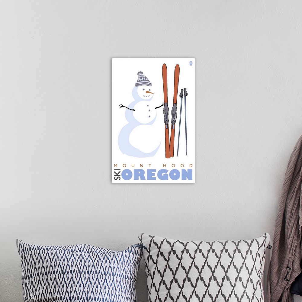 A bohemian room featuring Mount Hood, Oregon - Snowman with Skis: Retro Travel Poster