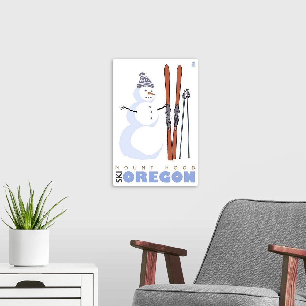 A modern room featuring Mount Hood, Oregon - Snowman with Skis: Retro Travel Poster