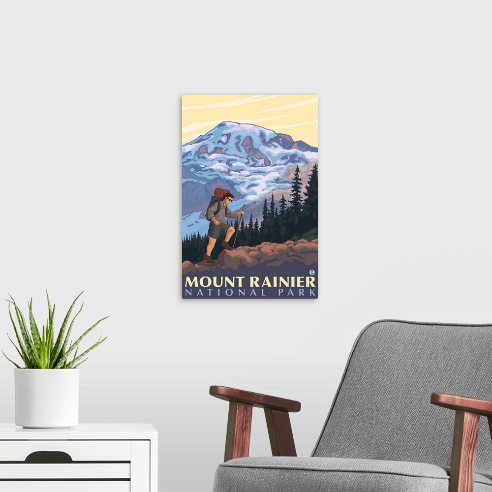 A modern room featuring Mount Rainier - Hiker: Retro Travel Poster