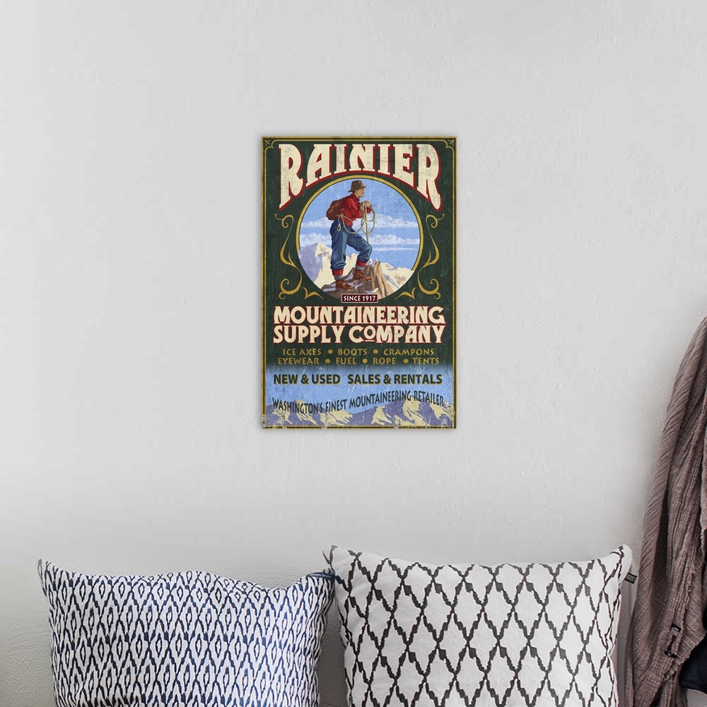 A bohemian room featuring Mount Rainier - Mountaineering Supply Company: Retro Travel Poster