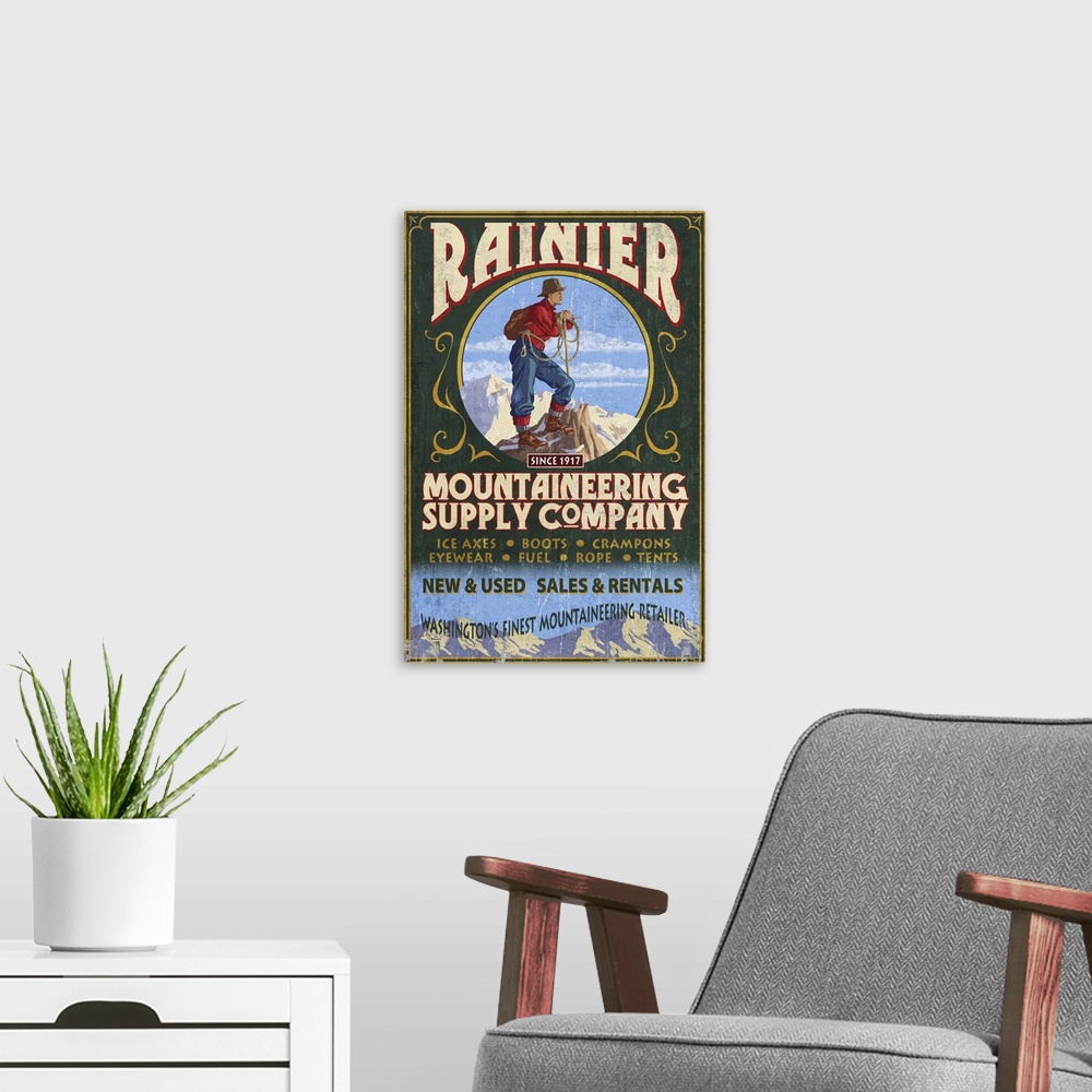 A modern room featuring Mount Rainier - Mountaineering Supply Company: Retro Travel Poster