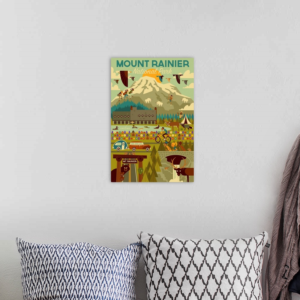 A bohemian room featuring Mount Rainier National Park, Adventure: Graphic Travel Poster