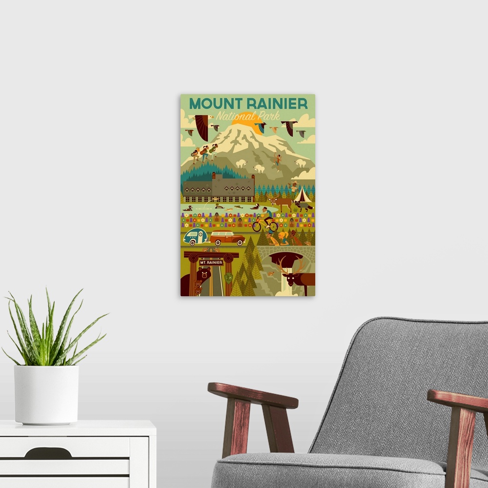 A modern room featuring Mount Rainier National Park, Adventure: Graphic Travel Poster