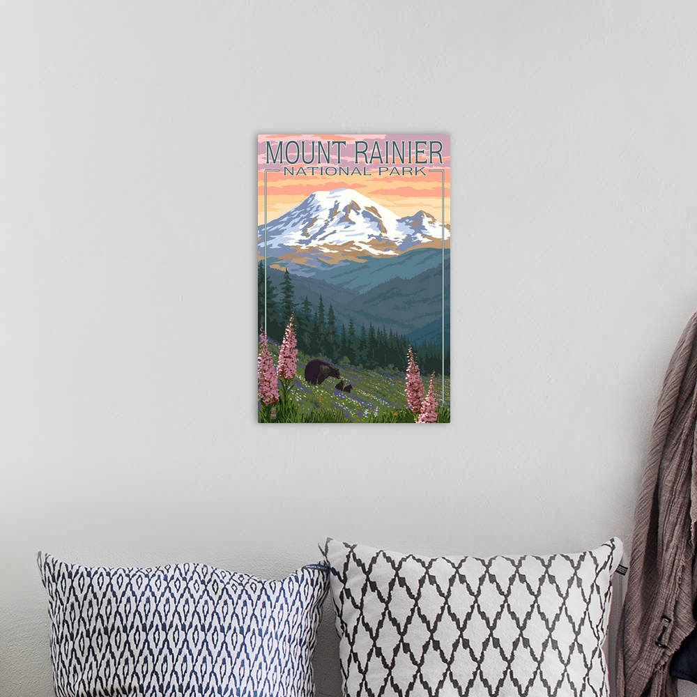 A bohemian room featuring Mount Rainier National Park - Bear Family and Spring Flowers: Retro Travel Poster