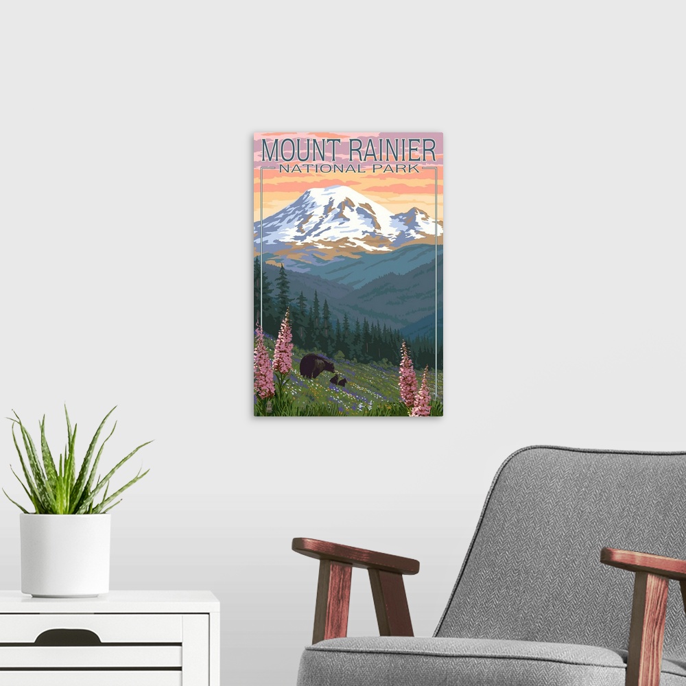 A modern room featuring Mount Rainier National Park - Bear Family and Spring Flowers: Retro Travel Poster