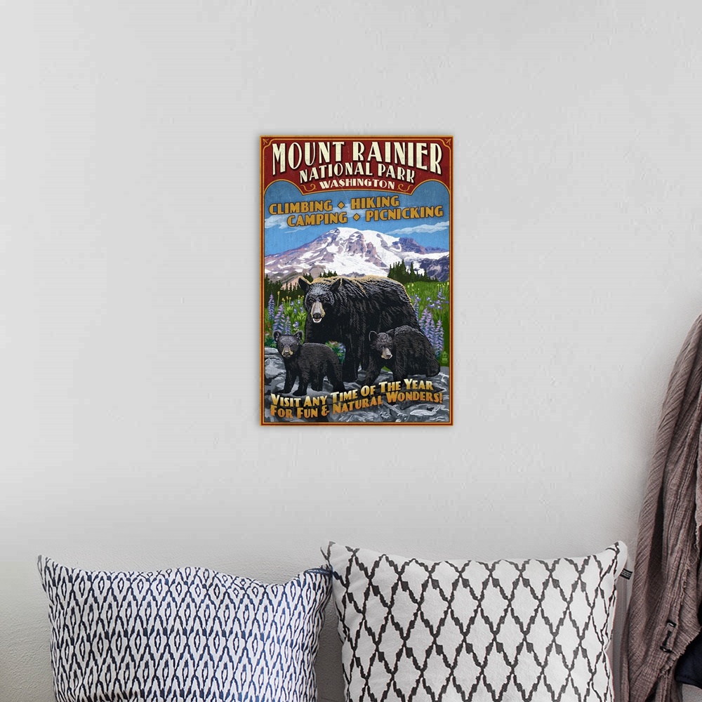 A bohemian room featuring Mount Rainier National Park, Bear Family Vintage Sign