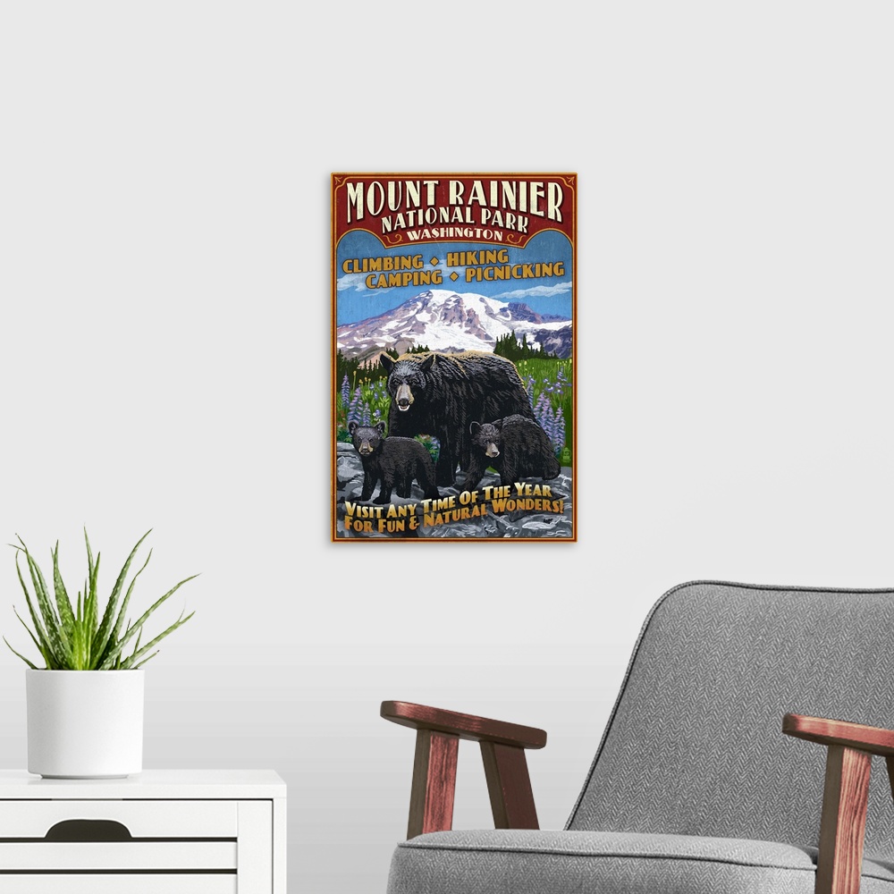 A modern room featuring Mount Rainier National Park, Bear Family Vintage Sign