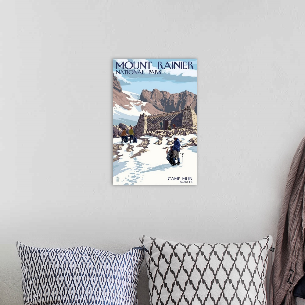 A bohemian room featuring Mount Rainier National Park - Camp Muir and Climbers: Retro Travel Poster