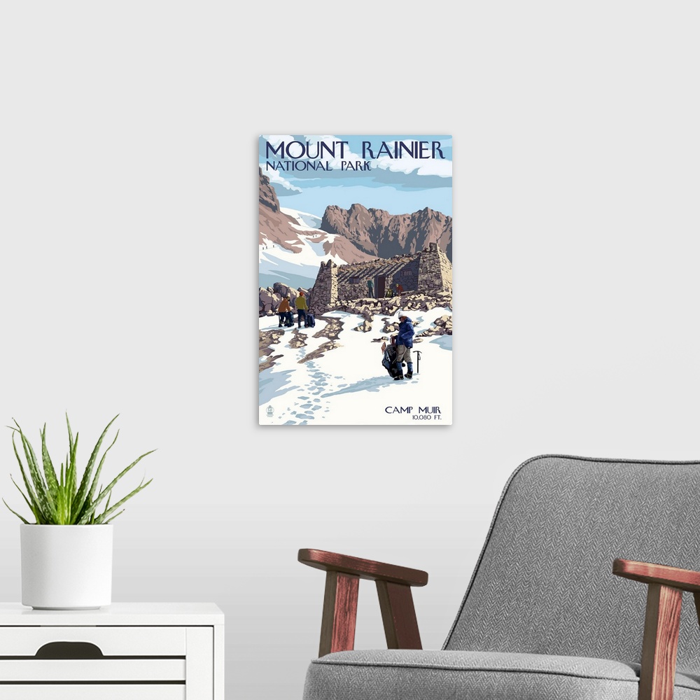 A modern room featuring Mount Rainier National Park - Camp Muir and Climbers: Retro Travel Poster
