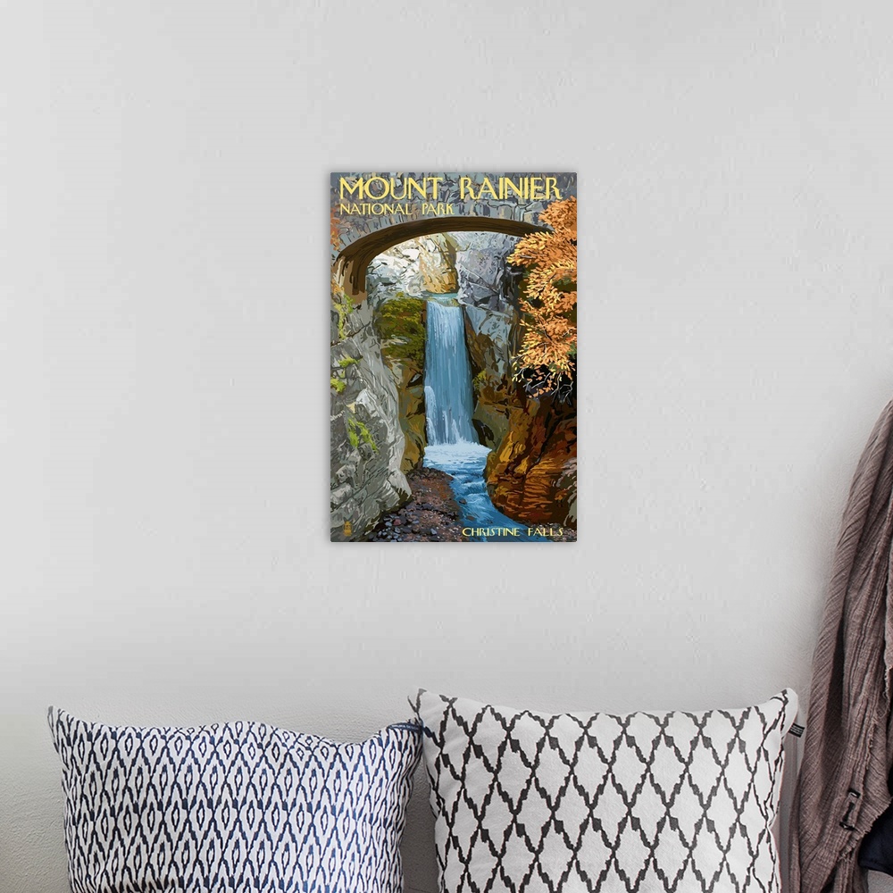 A bohemian room featuring Mount Rainier National Park - Christine Falls: Retro Travel Poster