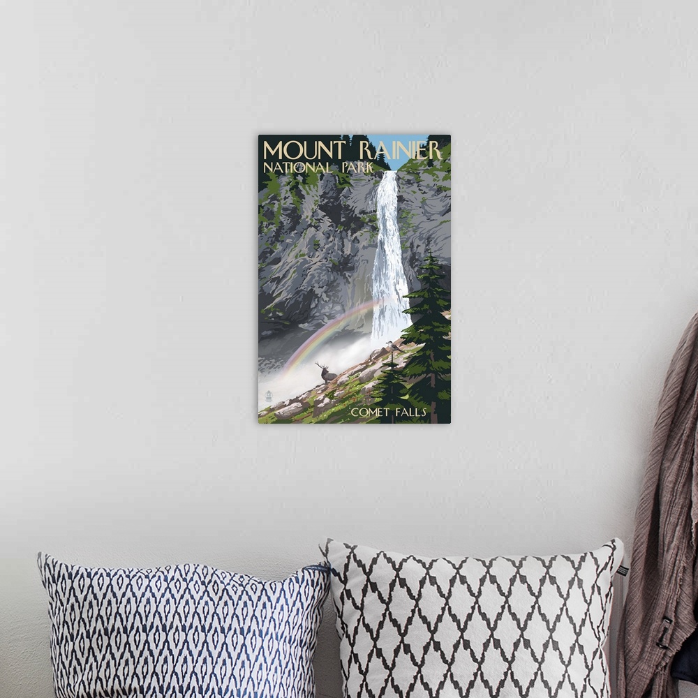 A bohemian room featuring Mount Rainier National Park - Comet Falls and Elk: Retro Travel Poster