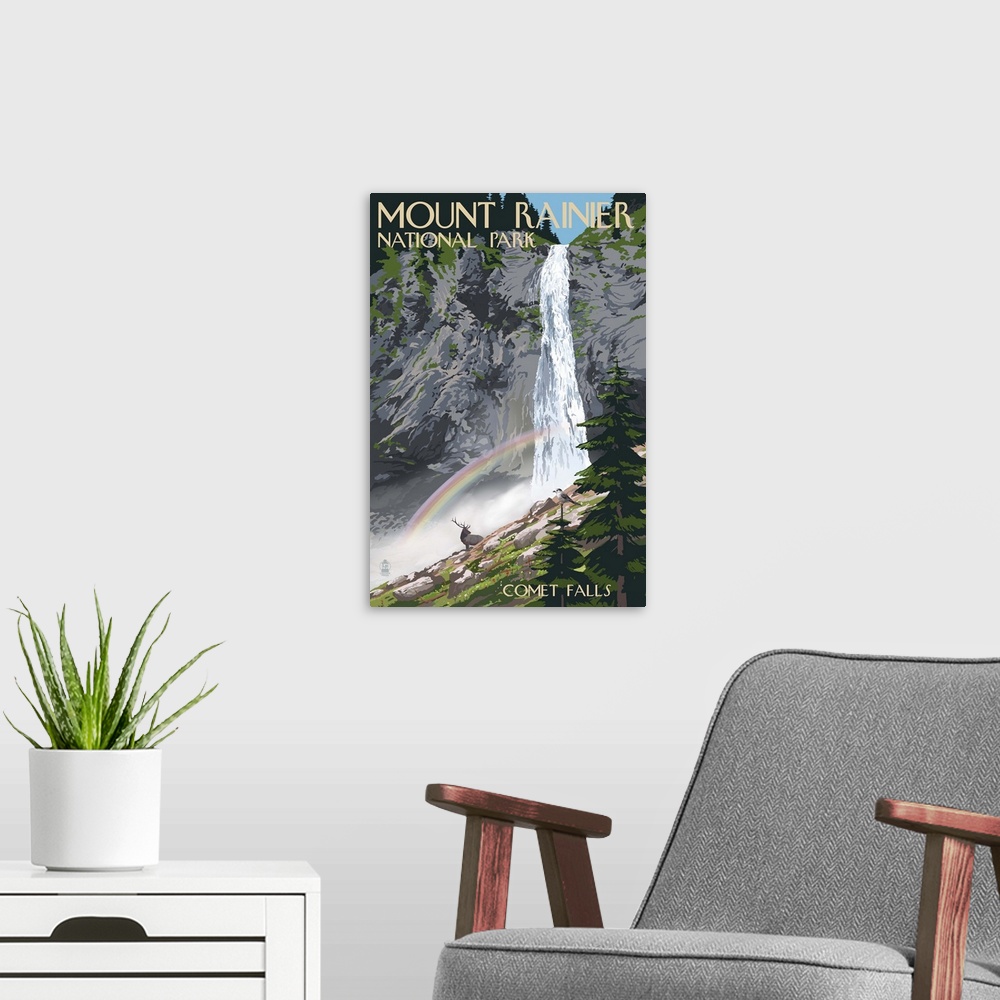 A modern room featuring Mount Rainier National Park - Comet Falls and Elk: Retro Travel Poster