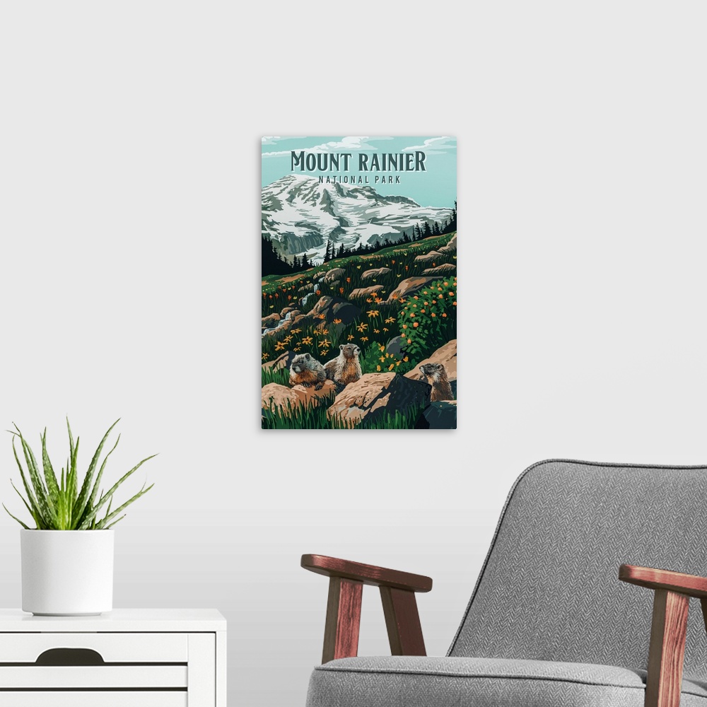 A modern room featuring Mount Rainier National Park, Marmot In A Wildflower Field: Retro Travel Poster